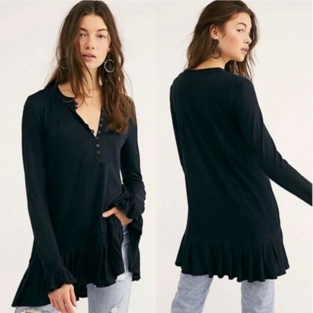 𝅺free people your girl tunic ruffled top black boho Bohemian shirt